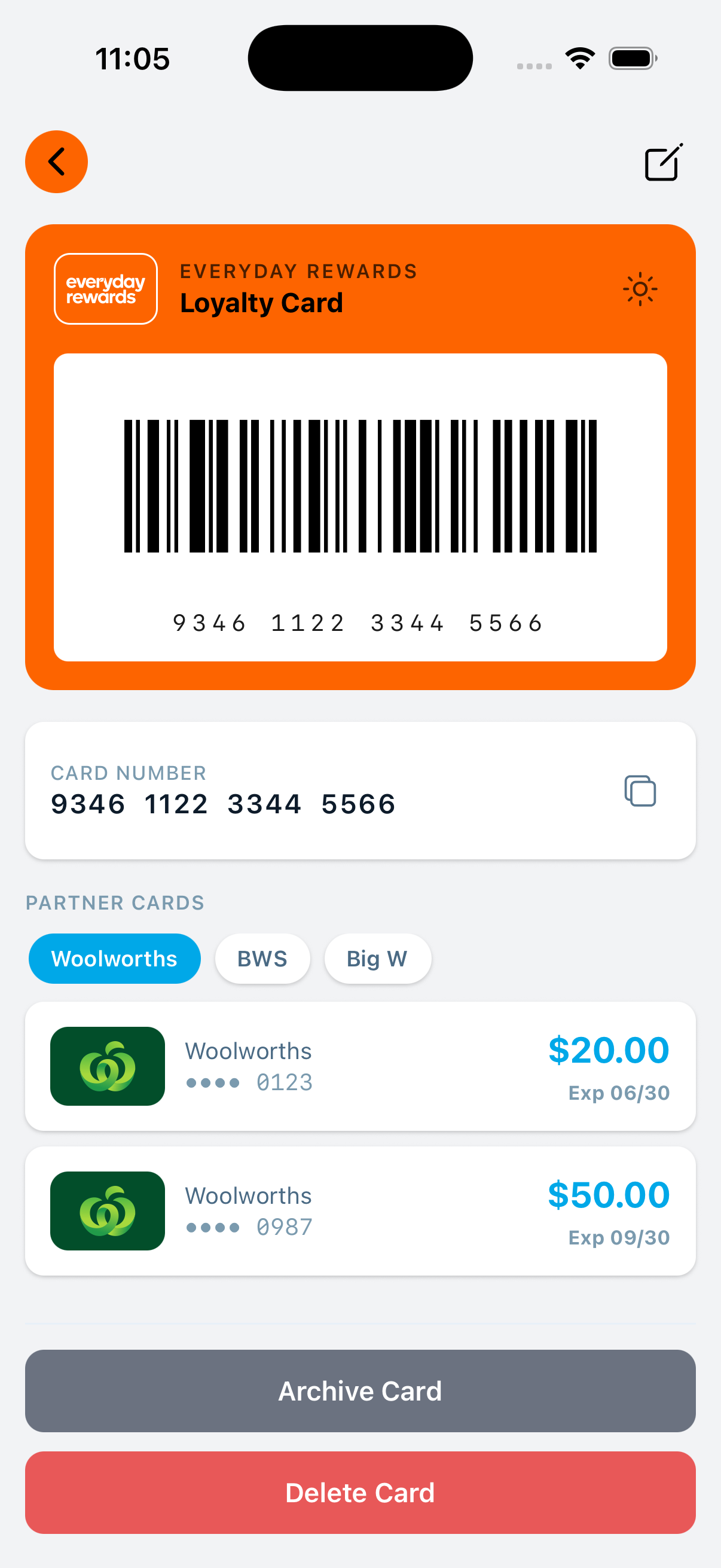 See your loyalty card and related gift cards together